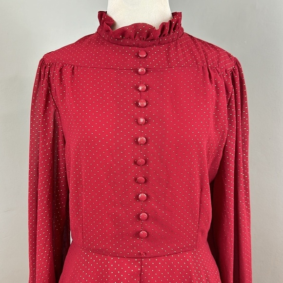 Unique Vintage Red Gold Dot Chiffon High Neck Midi Dress Sz M - Picture 3 of 11